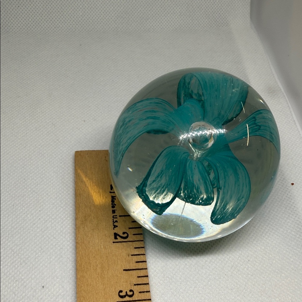 Glass Art Paper Weight Sphere with Teal Floral Design 2 Inches Tall - Picture 4 of 11